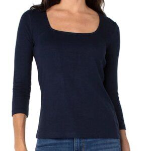 Liverpool: Square Neck 3/4 Sleeve Rib Knit Top (navy)